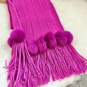 Anthro fuscia Pom Pom fringe scarf